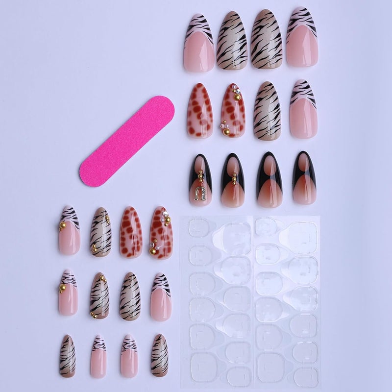 SEENEEY Medium Almond Press on Nails Brown Leopard Stick on Nail for Women 24pcs - Image 3